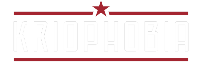 Logo with the word 'Kriophobia' written in the middle in white between two red lines.